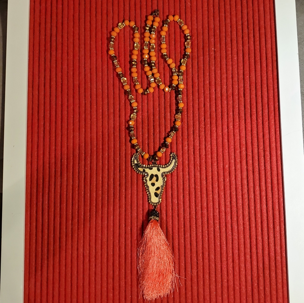 Leopard and Pink Steer Skull Necklace